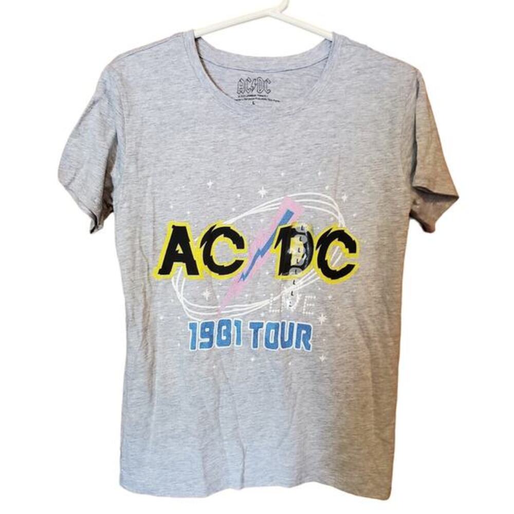 AC/DC Graphic T-Shirt Jrs‎ Sz L 1981 Tour Gray Short Sleeve Rock Band Music New